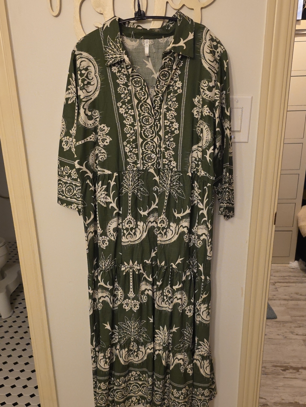 Kaktus Olive and White Printed Tiered Maxi Dress